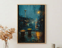 Seattle Wall Art, Rainy Window View, Space Needle Print, Coffee Lover Decor, Moody City Painting