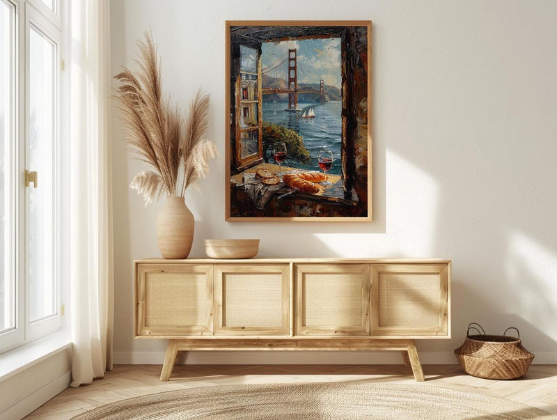 San Francisco Wall Art, Golden Gate Bridge Window View, Wine Decor Print, California Cityscape Painting