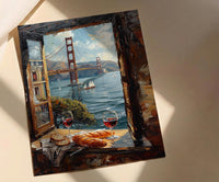 San Francisco Wall Art, Golden Gate Bridge Window View, Wine Decor Print, California Cityscape Painting