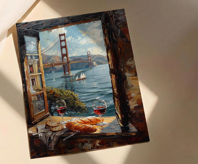 San Francisco Wall Art, Golden Gate Bridge Window View, Wine Decor Print, California Cityscape Painting