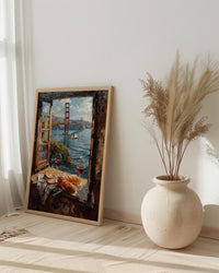 San Francisco Wall Art, Golden Gate Bridge Window View, Wine Decor Print, California Cityscape Painting