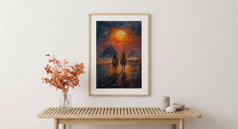 Egypt Poster, Pyramids of Giza Art Print, Ancient History Wall Art, Camel Desert Painting, Romantic Travel Gift