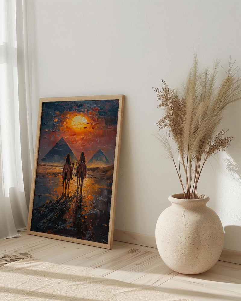 Egypt Poster, Pyramids of Giza Art Print, Ancient History Wall Art, Camel Desert Painting, Romantic Travel Gift