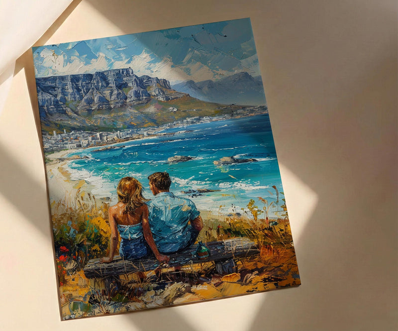 South Africa Wall Art, Cape Town Art Print, Table Mountain Poster, Ocean View Painting, Coastal Landscape Decor