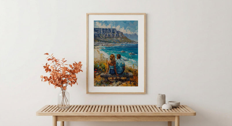 South Africa Wall Art, Cape Town Art Print, Table Mountain Poster, Ocean View Painting, Coastal Landscape Decor