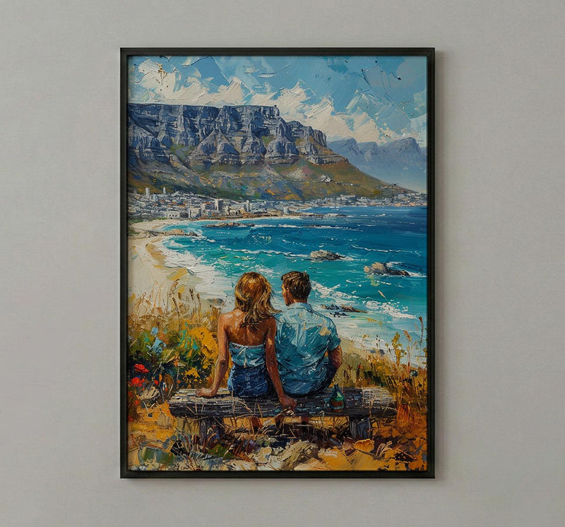 South Africa Wall Art, Cape Town Art Print, Table Mountain Poster, Ocean View Painting, Coastal Landscape Decor