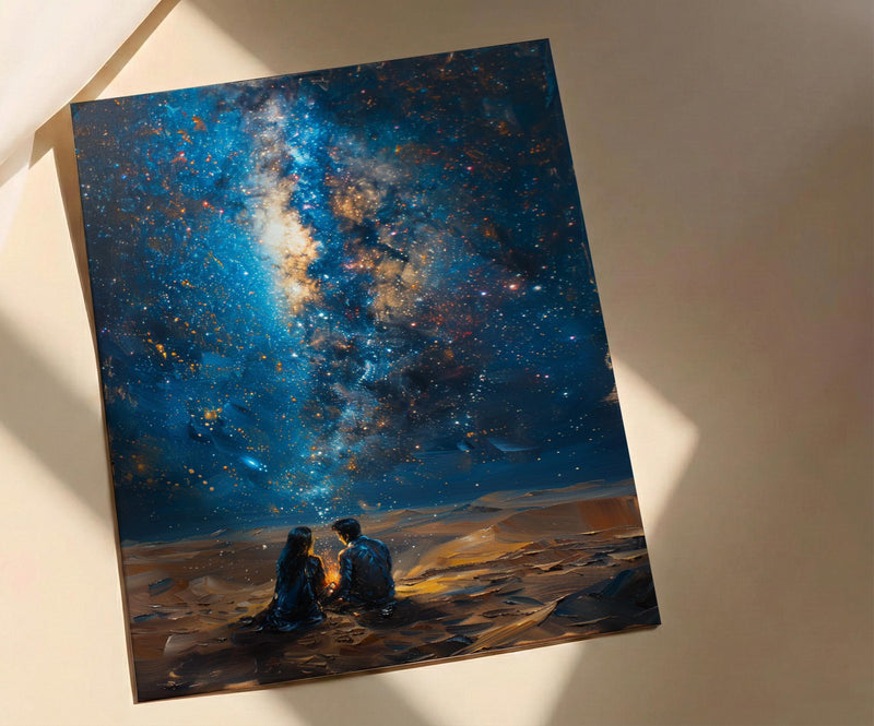 Sahara Desert Art Print, Night Sky Poster, African Milky Way Wall Art, Romantic Campfire Decor, Blue Gold Painting