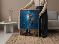 Sahara Desert Art Print, Night Sky Poster, African Milky Way Wall Art, Romantic Campfire Decor, Blue Gold Painting