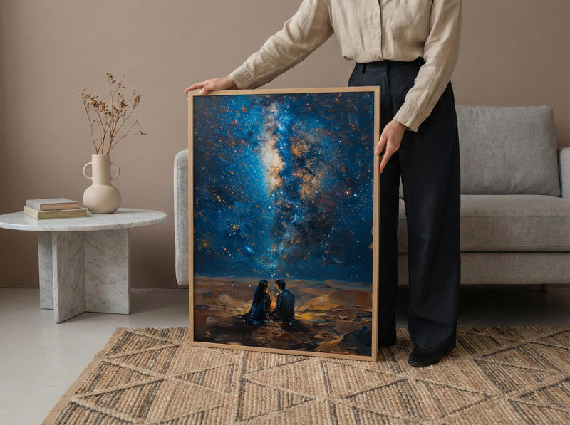 Sahara Desert Art Print, Night Sky Poster, African Milky Way Wall Art, Romantic Campfire Decor, Blue Gold Painting