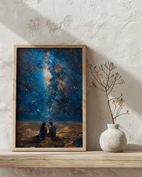 Sahara Desert Art Print, Night Sky Poster, African Milky Way Wall Art, Romantic Campfire Decor, Blue Gold Painting