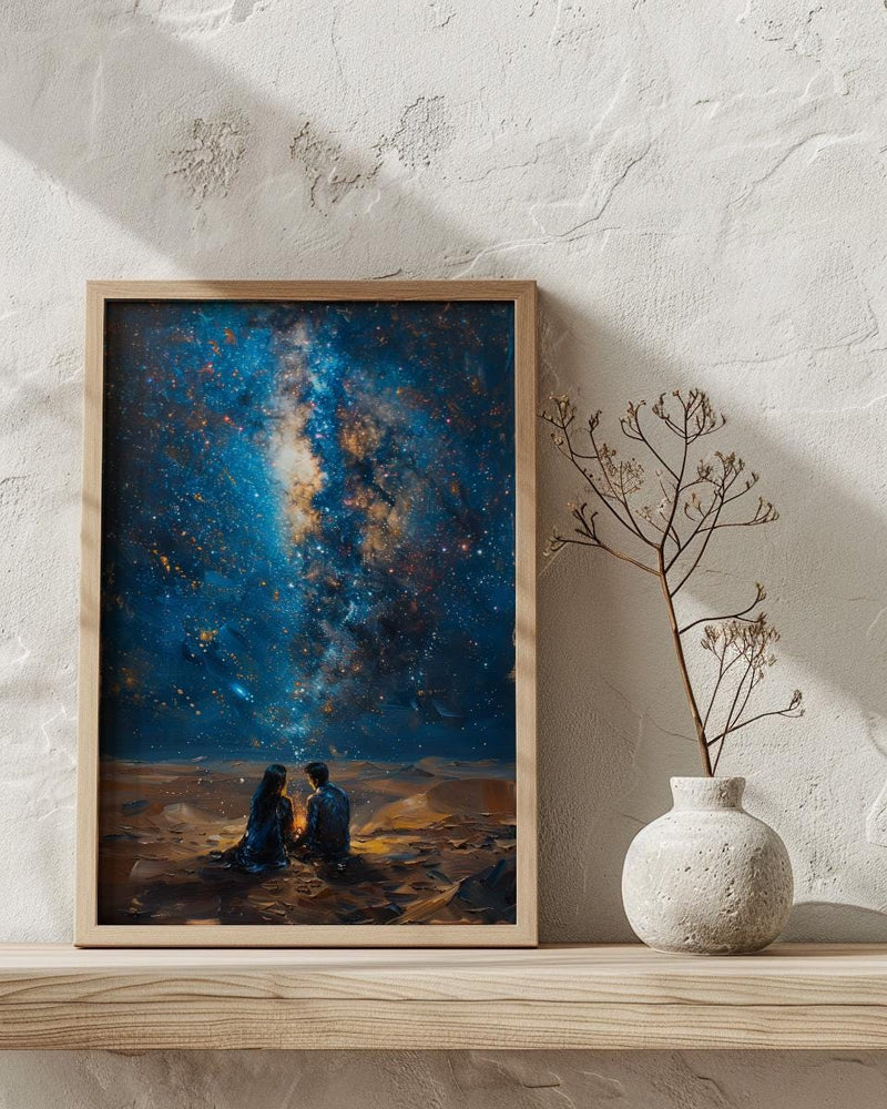 Sahara Desert Art Print, Night Sky Poster, African Milky Way Wall Art, Romantic Campfire Decor, Blue Gold Painting