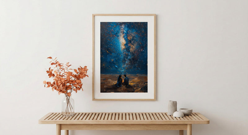 Sahara Desert Art Print, Night Sky Poster, African Milky Way Wall Art, Romantic Campfire Decor, Blue Gold Painting