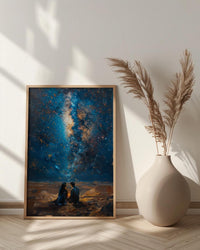 Sahara Desert Art Print, Night Sky Poster, African Milky Way Wall Art, Romantic Campfire Decor, Blue Gold Painting