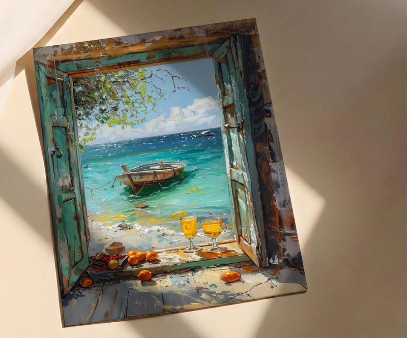 Zanzibar Wall Art, Tropical Beach Art Print, Open Window Poster, Ocean Landscape Painting, Summer Holiday Decor