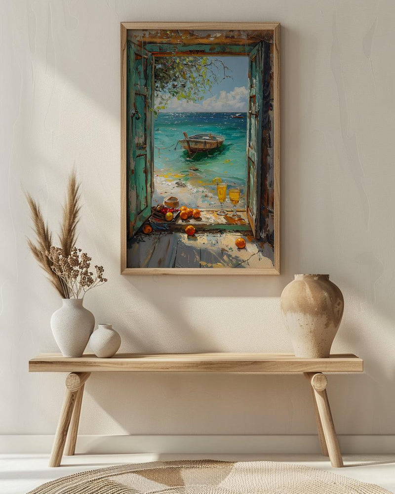 Zanzibar Wall Art, Tropical Beach Art Print, Open Window Poster, Ocean Landscape Painting, Summer Holiday Decor