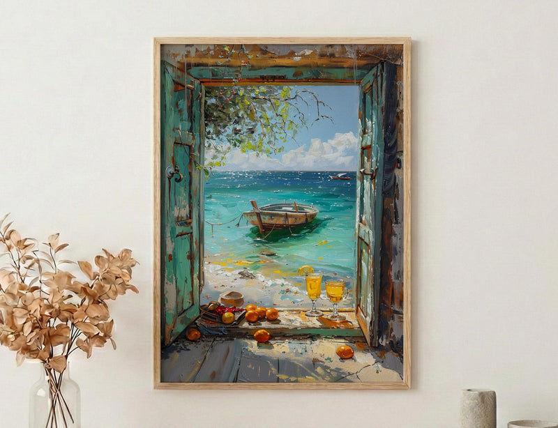 Zanzibar Wall Art, Tropical Beach Art Print, Open Window Poster, Ocean Landscape Painting, Summer Holiday Decor