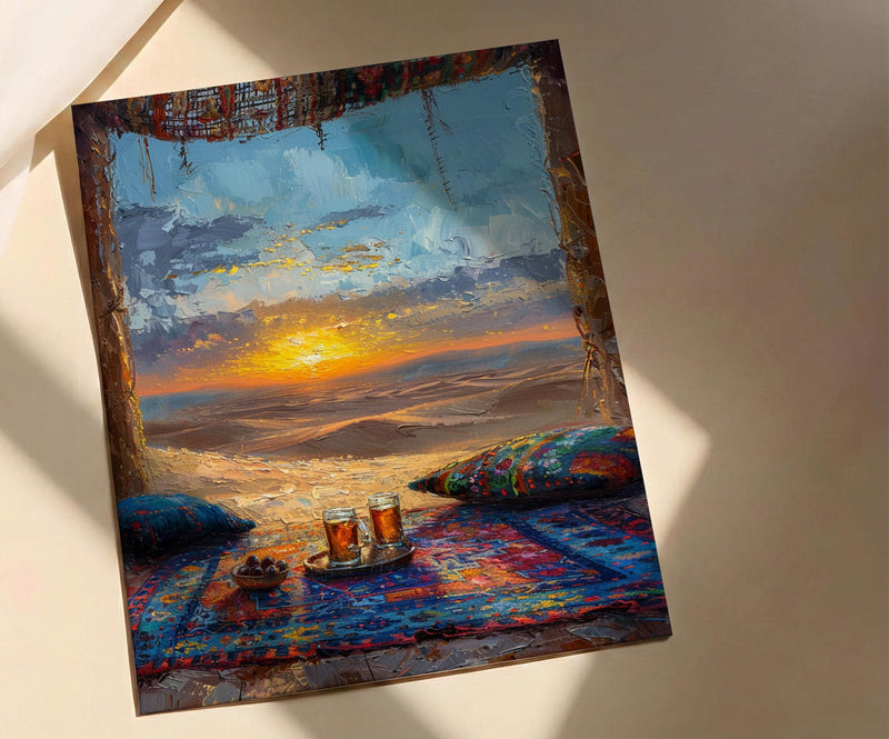Moroccan Desert Poster, Sahara Tent Window Art Print, Boho Sand Dunes Wall Art, Sunset Landscape Painting