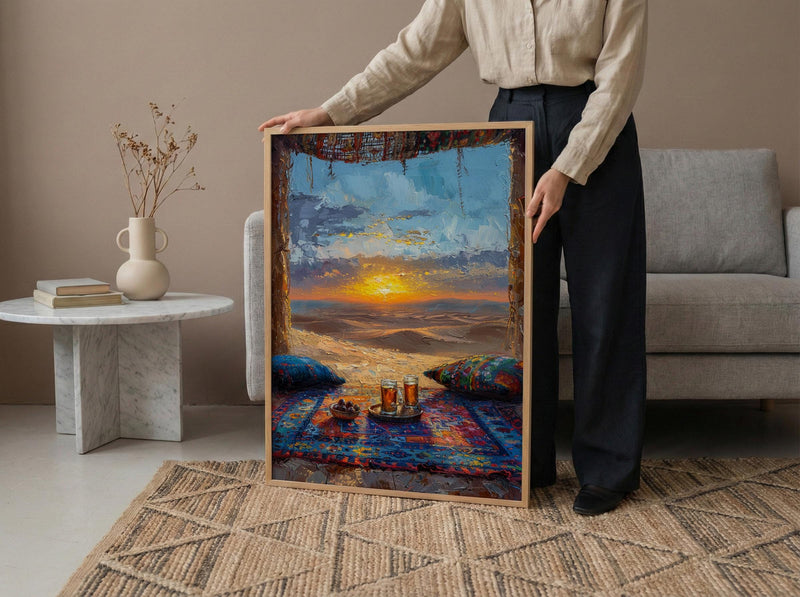 Moroccan Desert Poster, Sahara Tent Window Art Print, Boho Sand Dunes Wall Art, Sunset Landscape Painting