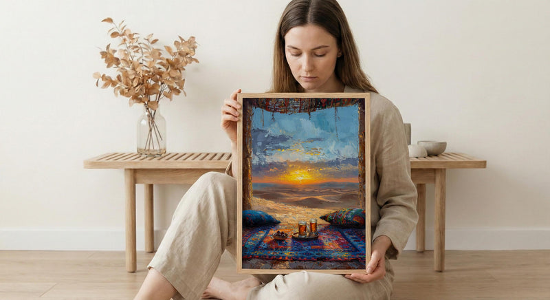Moroccan Desert Poster, Sahara Tent Window Art Print, Boho Sand Dunes Wall Art, Sunset Landscape Painting