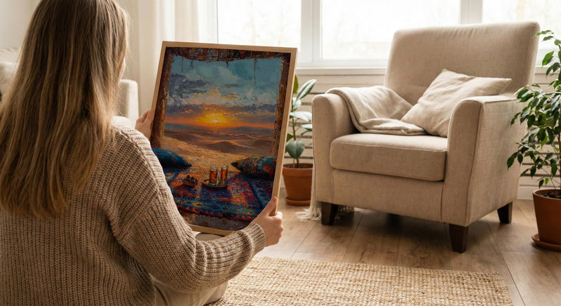 Moroccan Desert Poster, Sahara Tent Window Art Print, Boho Sand Dunes Wall Art, Sunset Landscape Painting