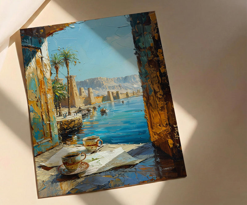 Egypt Nile River Poster, Ancient Temple Art Print, History Lover Wall Art, Open Window View, River Landscape