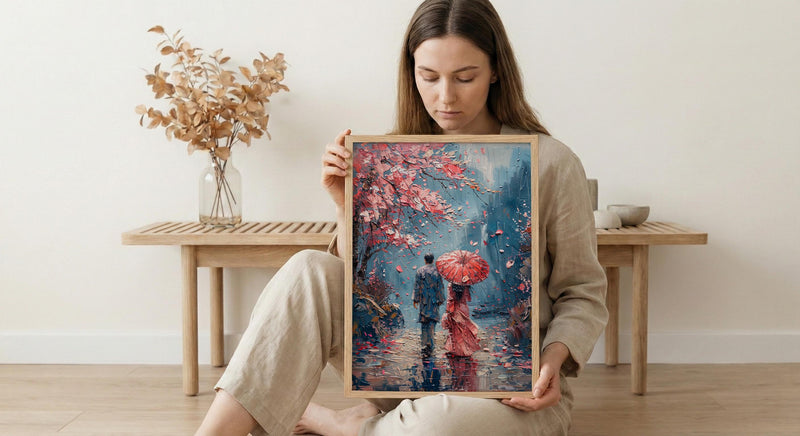Japan Wall Art, Kyoto Cherry Blossom Art Print, Romantic Couple Poster, Spring Floral Painting, Asian Travel Decor