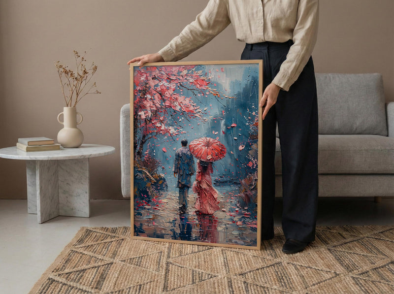 Japan Wall Art, Kyoto Cherry Blossom Art Print, Romantic Couple Poster, Spring Floral Painting, Asian Travel Decor