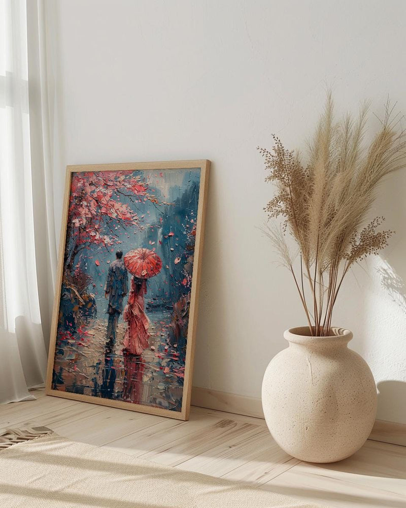 Japan Wall Art, Kyoto Cherry Blossom Art Print, Romantic Couple Poster, Spring Floral Painting, Asian Travel Decor