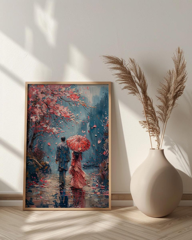 Japan Wall Art, Kyoto Cherry Blossom Art Print, Romantic Couple Poster, Spring Floral Painting, Asian Travel Decor