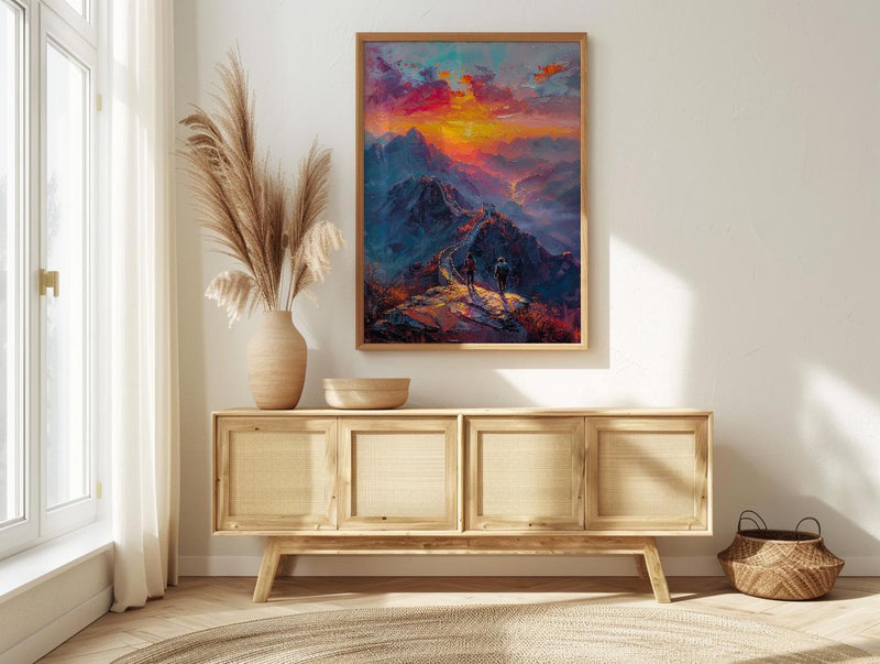 China Art Print, Great Wall Poster, Ancient Sunrise Wall Art, Couple Hiking Painting, Asian History Decor