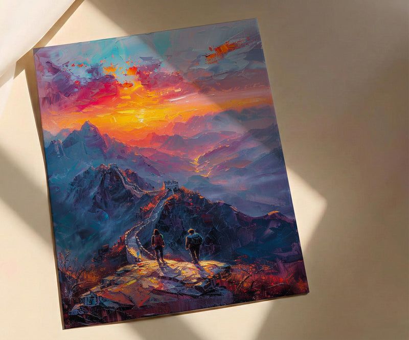 China Art Print, Great Wall Poster, Ancient Sunrise Wall Art, Couple Hiking Painting, Asian History Decor