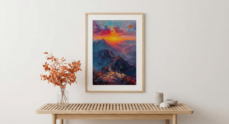 China Art Print, Great Wall Poster, Ancient Sunrise Wall Art, Couple Hiking Painting, Asian History Decor