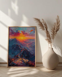 China Art Print, Great Wall Poster, Ancient Sunrise Wall Art, Couple Hiking Painting, Asian History Decor