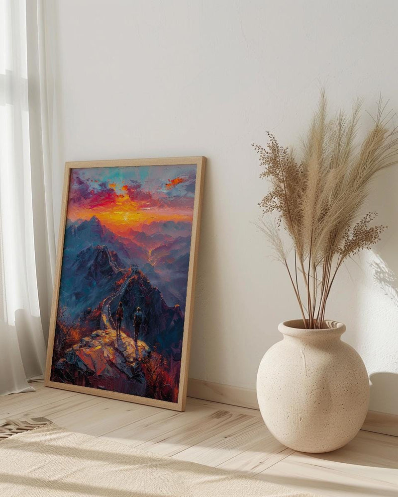 China Art Print, Great Wall Poster, Ancient Sunrise Wall Art, Couple Hiking Painting, Asian History Decor