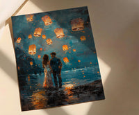 Thailand Wall Art, Chiang Mai Lantern Art Print, Night Sky Poster, Romantic Couple Painting, Asian Festival Decor