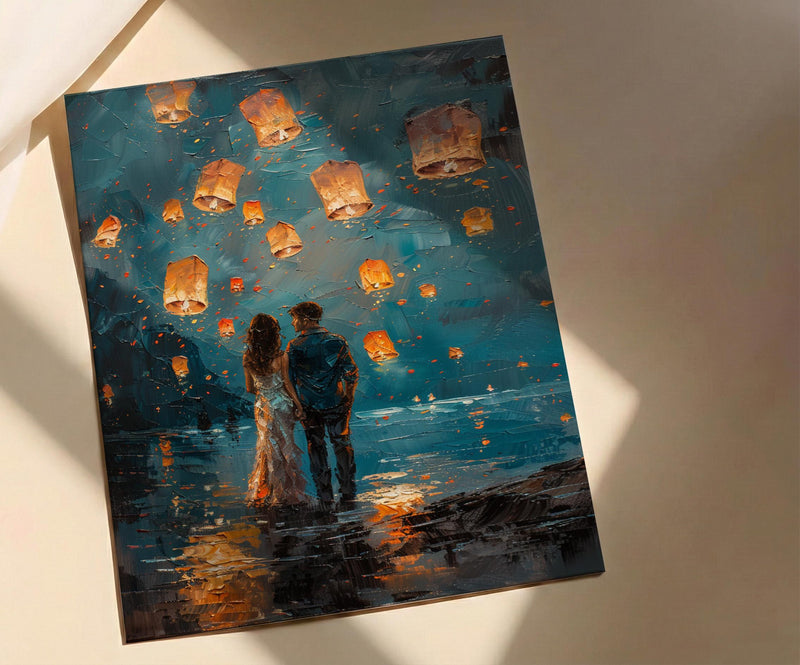 Thailand Wall Art, Chiang Mai Lantern Art Print, Night Sky Poster, Romantic Couple Painting, Asian Festival Decor