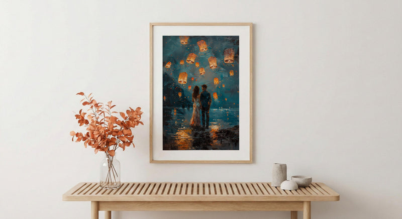 Thailand Wall Art, Chiang Mai Lantern Art Print, Night Sky Poster, Romantic Couple Painting, Asian Festival Decor