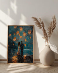 Thailand Wall Art, Chiang Mai Lantern Art Print, Night Sky Poster, Romantic Couple Painting, Asian Festival Decor