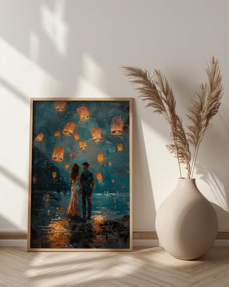 Thailand Wall Art, Chiang Mai Lantern Art Print, Night Sky Poster, Romantic Couple Painting, Asian Festival Decor