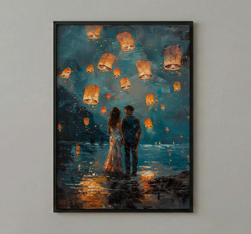 Thailand Wall Art, Chiang Mai Lantern Art Print, Night Sky Poster, Romantic Couple Painting, Asian Festival Decor