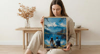 Mount Fuji Poster, Japan Lake Art Print, Serene Nature Wall Art, Peaceful Couple Painting, Zen Asian Decor