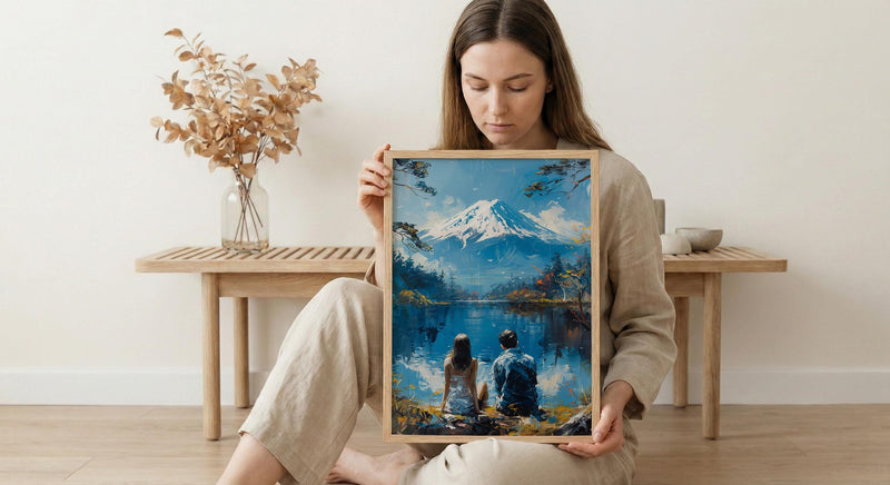 Mount Fuji Poster, Japan Lake Art Print, Serene Nature Wall Art, Peaceful Couple Painting, Zen Asian Decor
