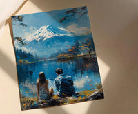 Mount Fuji Poster, Japan Lake Art Print, Serene Nature Wall Art, Peaceful Couple Painting, Zen Asian Decor