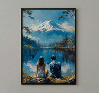 Mount Fuji Poster, Japan Lake Art Print, Serene Nature Wall Art, Peaceful Couple Painting, Zen Asian Decor