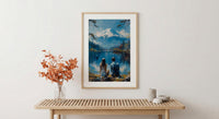 Mount Fuji Poster, Japan Lake Art Print, Serene Nature Wall Art, Peaceful Couple Painting, Zen Asian Decor