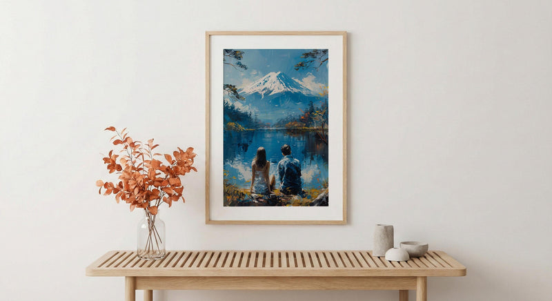 Mount Fuji Poster, Japan Lake Art Print, Serene Nature Wall Art, Peaceful Couple Painting, Zen Asian Decor