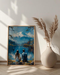 Mount Fuji Poster, Japan Lake Art Print, Serene Nature Wall Art, Peaceful Couple Painting, Zen Asian Decor