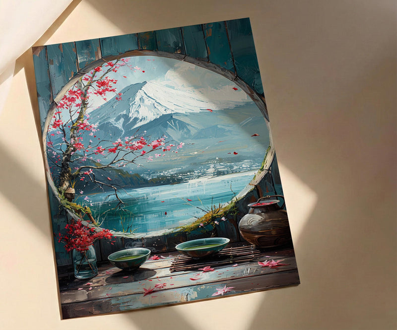 Japan Window Wall Art, Mount Fuji Art Print, Zen Garden Poster, Round Window Painting, Matcha Tea Decor