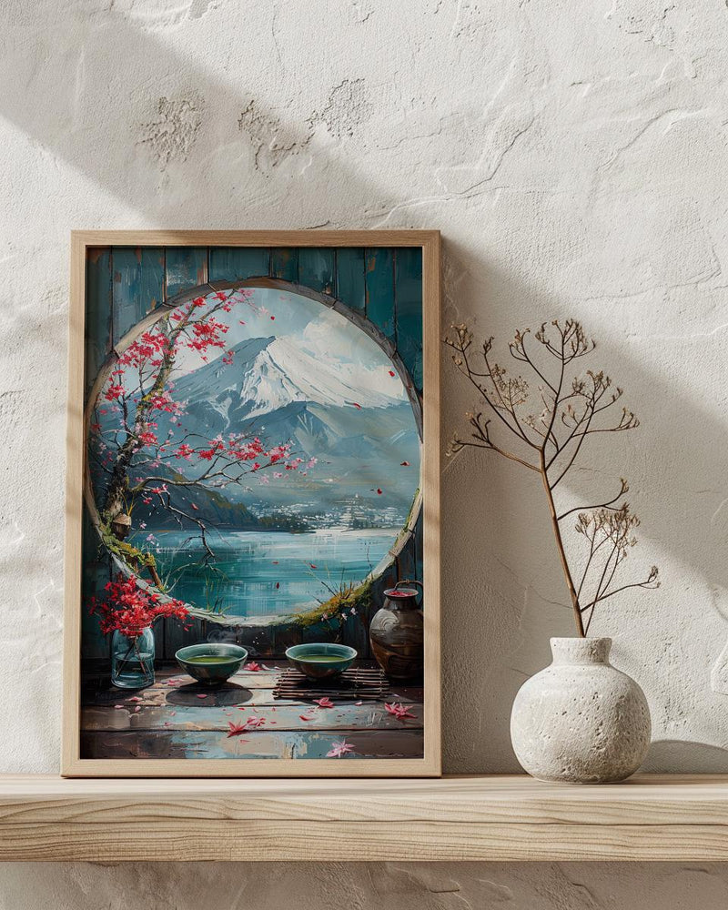 Japan Window Wall Art, Mount Fuji Art Print, Zen Garden Poster, Round Window Painting, Matcha Tea Decor