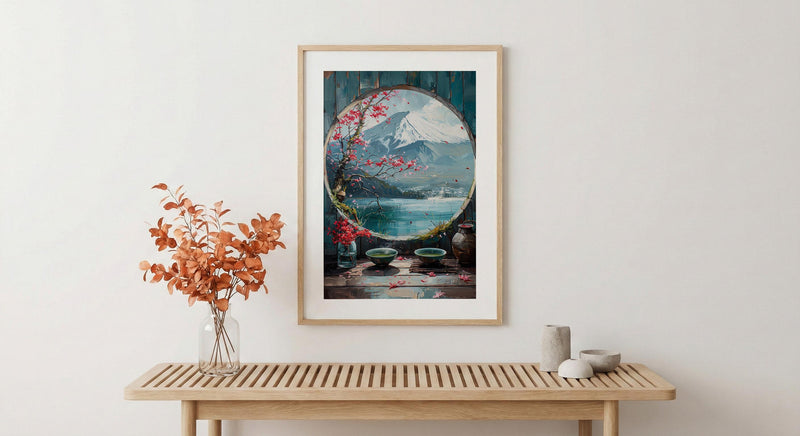 Japan Window Wall Art, Mount Fuji Art Print, Zen Garden Poster, Round Window Painting, Matcha Tea Decor